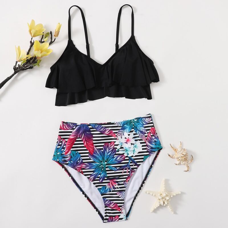 

Tropical Striped Ruffle Bikini Swimsuit, Multicolor