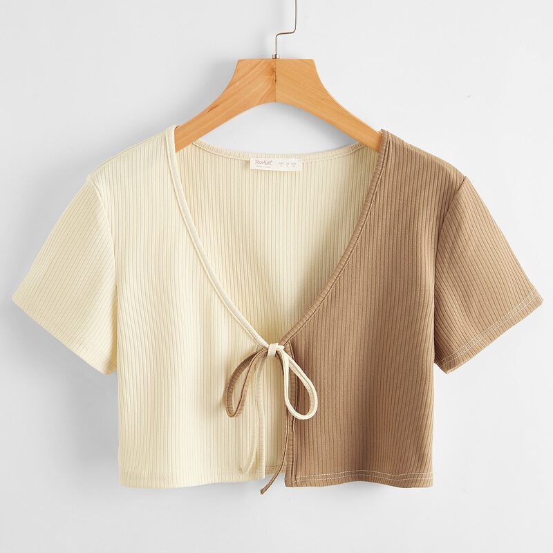 

Colorblock Tie Front Crop Top, Multicolor