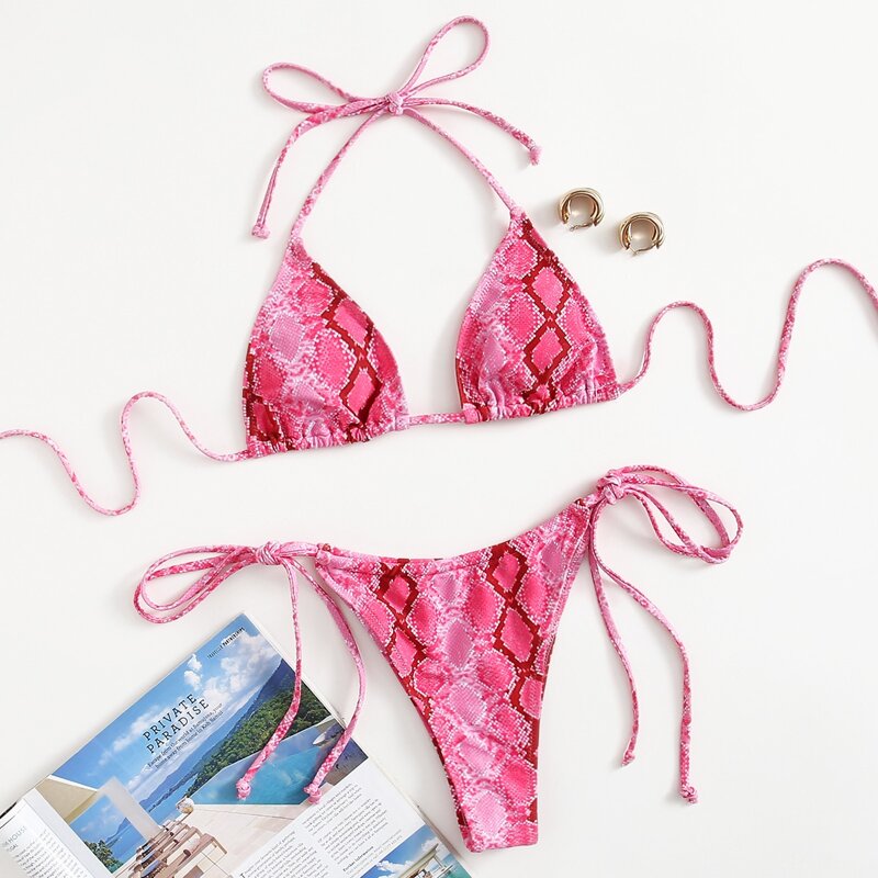 

Snakeskin Print Triangle Tie Side Bikini Swimsuit, Multicolor