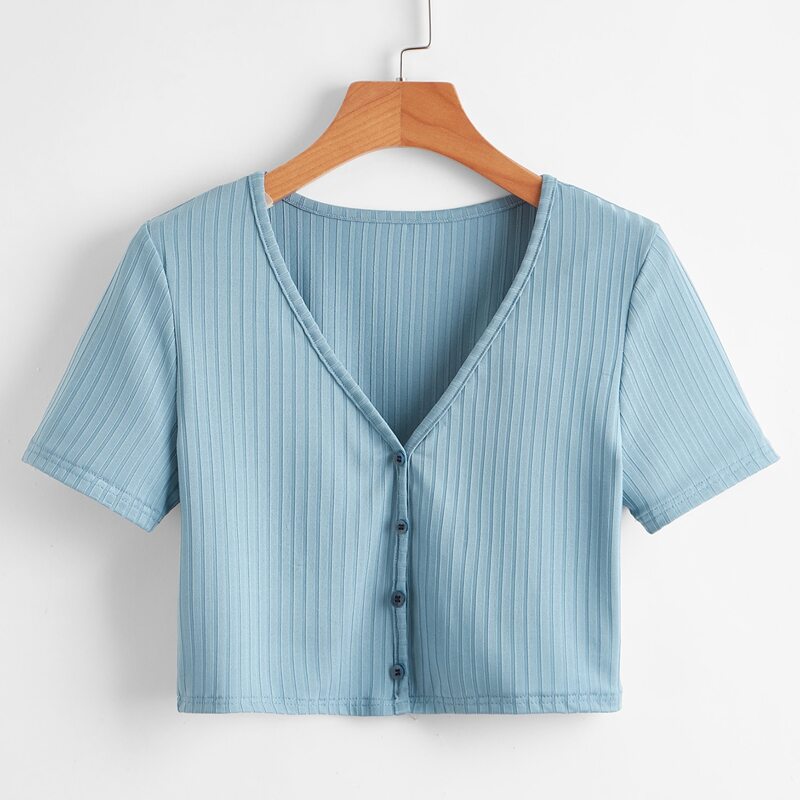 

Solid Button Front Ribbed Crop Tee, Cadet blue