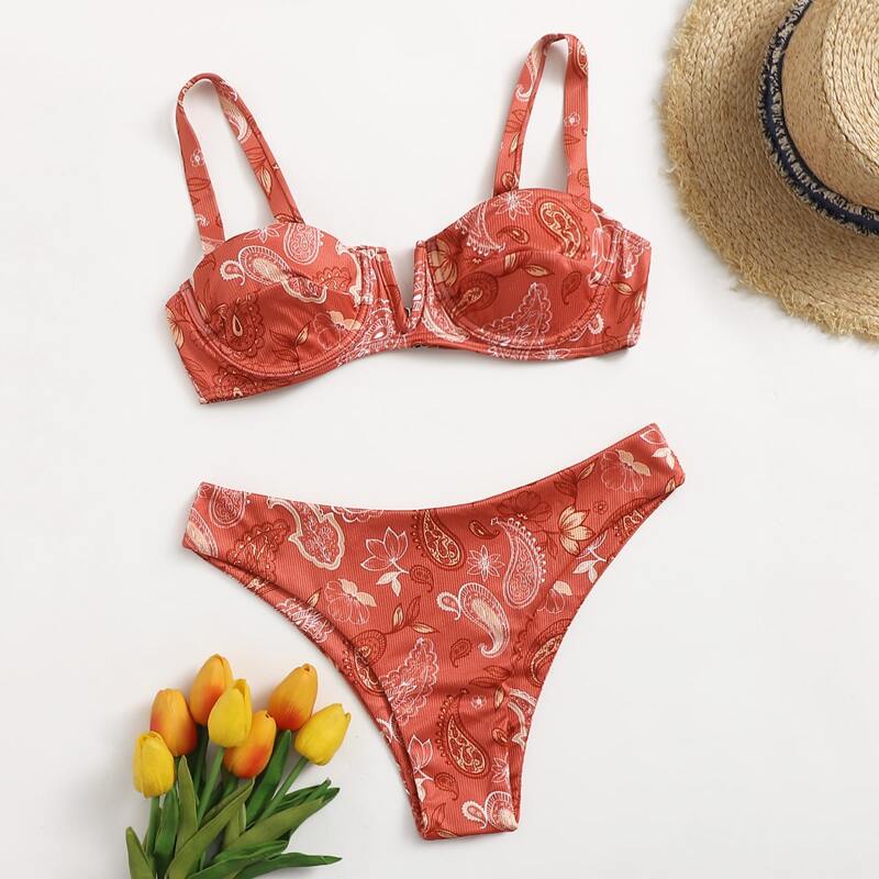 

Paisley Print Push Up Bikini Swimsuit, Redwood