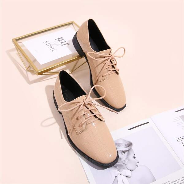

Lace-up Front Croc Embossed Flats, Apricot