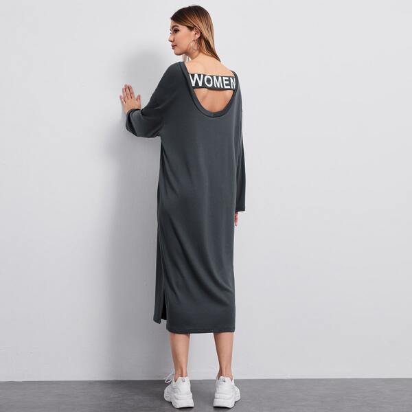 

Drop Shoulder Slit Hem Letter Graphic Tee Dress, Dark grey