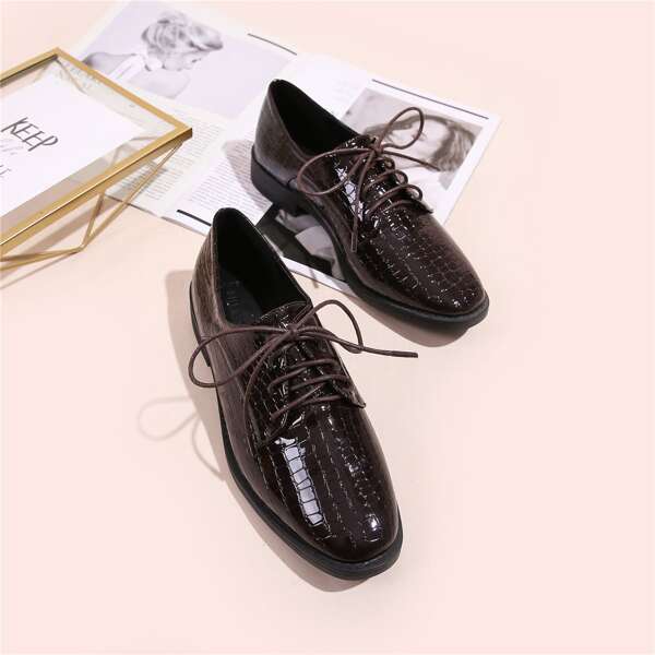 

Lace-up Front Croc Embossed Flats, Brown