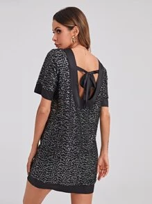 SHEIN Privé Tied Backless Sequin Dress - Silver - View 1