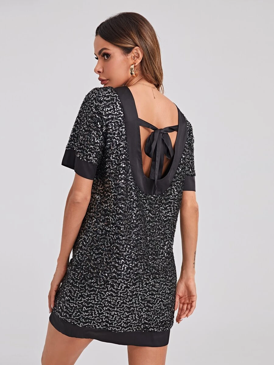 SHEIN Privé Tied Backless Sequin Dress - Silver - View 1