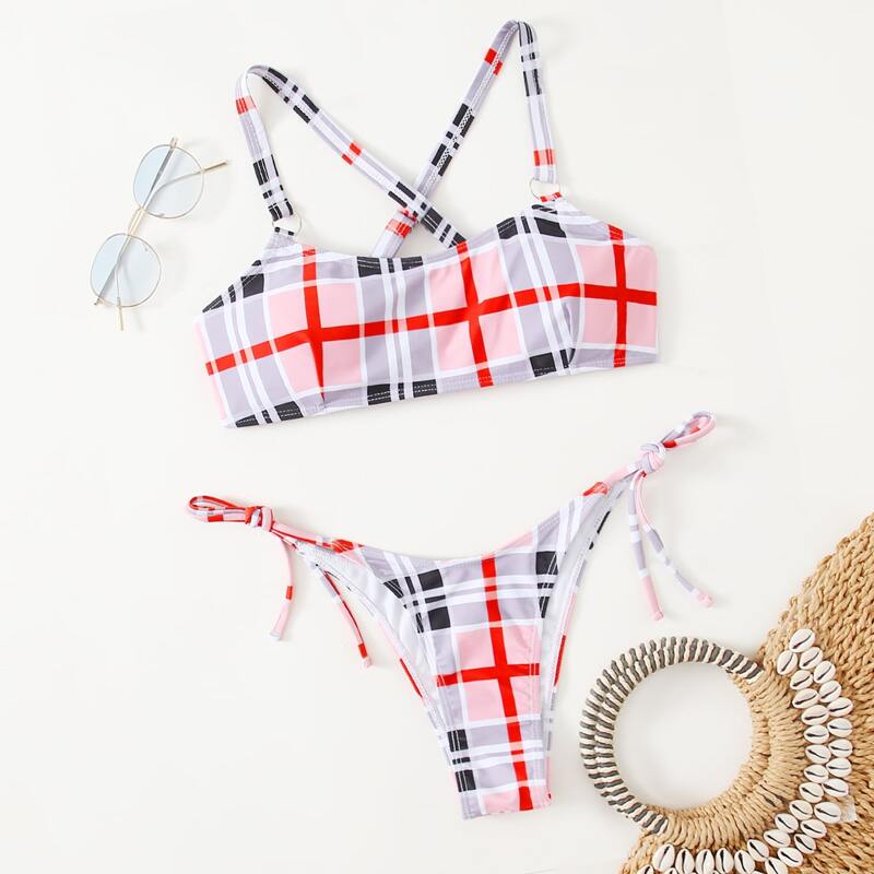 

Plaid Tie Side Bikini Swimsuit, Multicolor