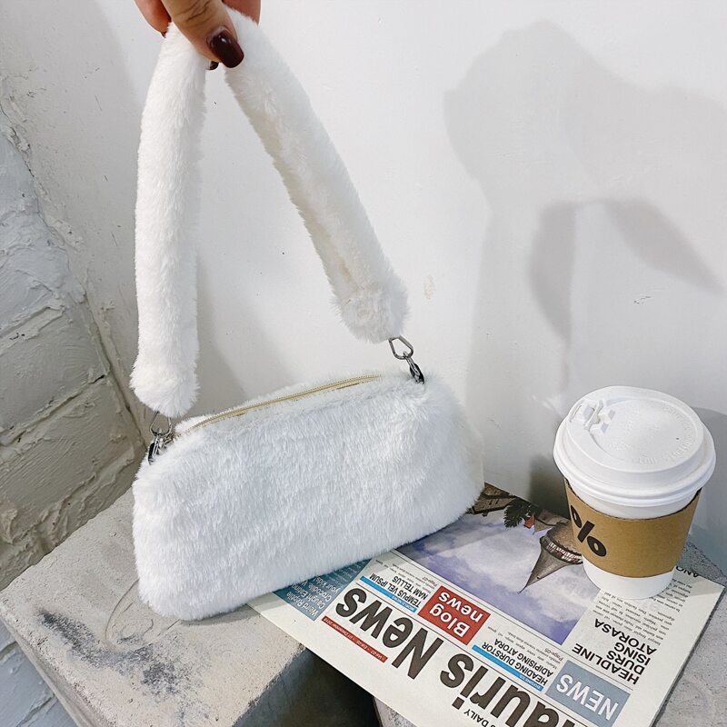 

Solid Fluffy Shoulder Bag, White