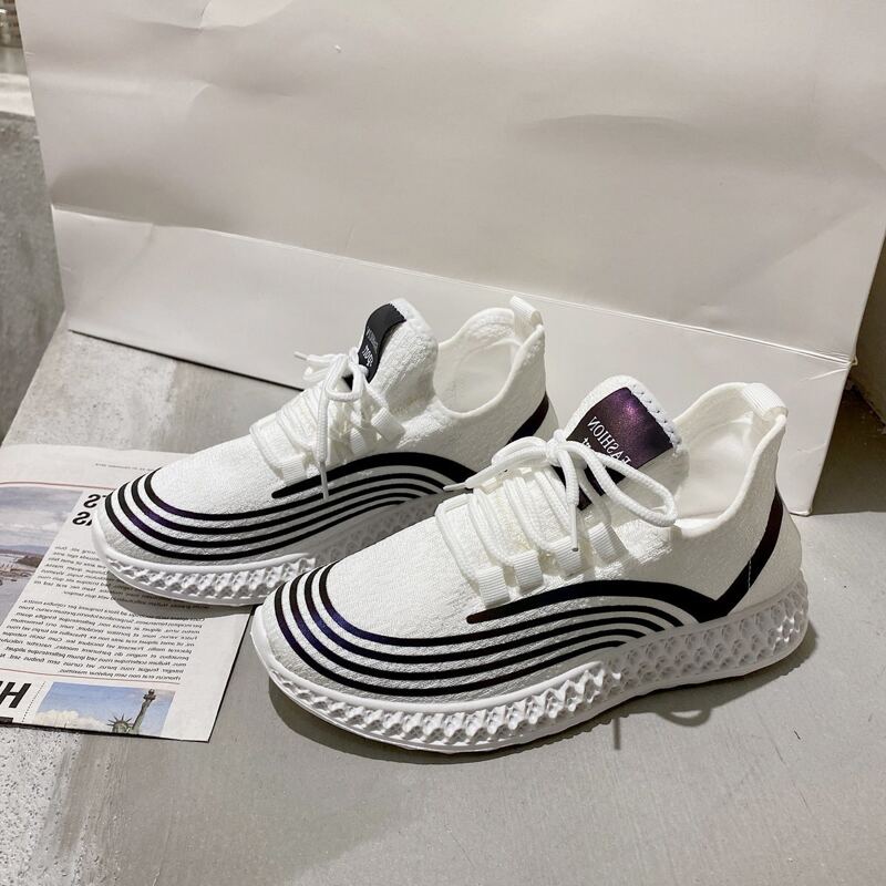 

Ombre Striped Lace-up Knit Sneakers, White
