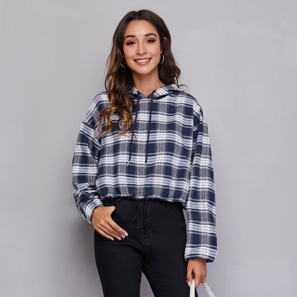 

Drop Shoulder Drawstring Hem Plaid Sweatshirt, Blue and white