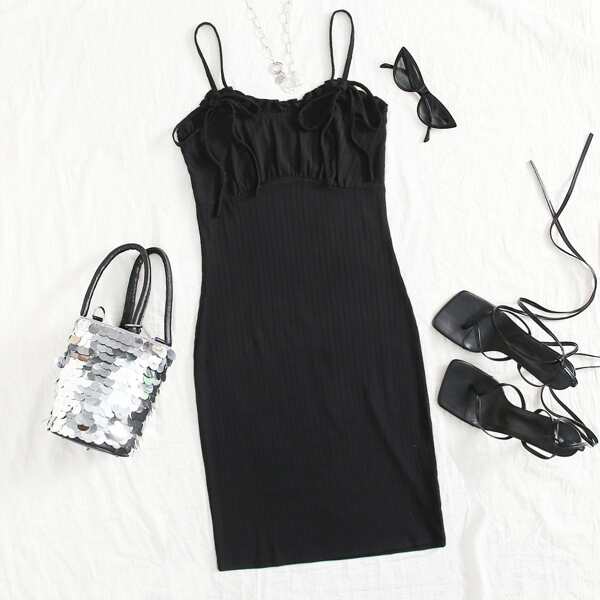 

Tie Front Ruched Bust Rib-knit Dress, Black