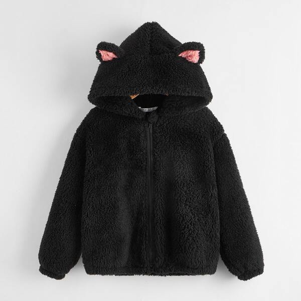 

Girls Drop Shoulder Zip Up Hooded Teddy Jacket With Bear Ear, Black