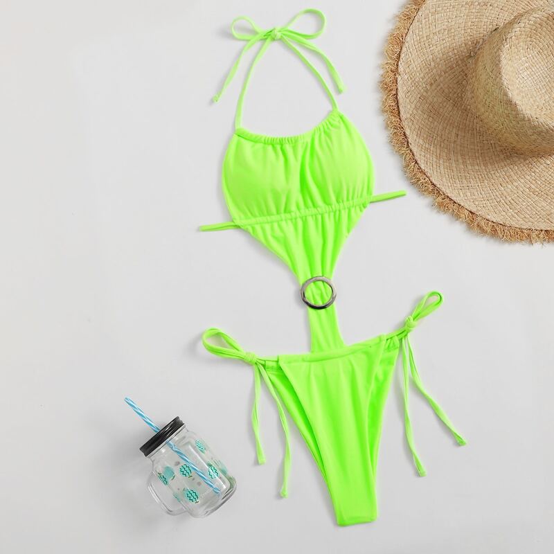 

Cut-out Buckle One Piece Swimsuit, Lime green