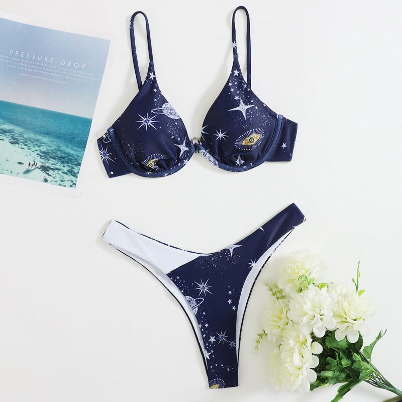 

Galaxy Print Push Up High Cut Bikini Swimsuit, Navy blue
