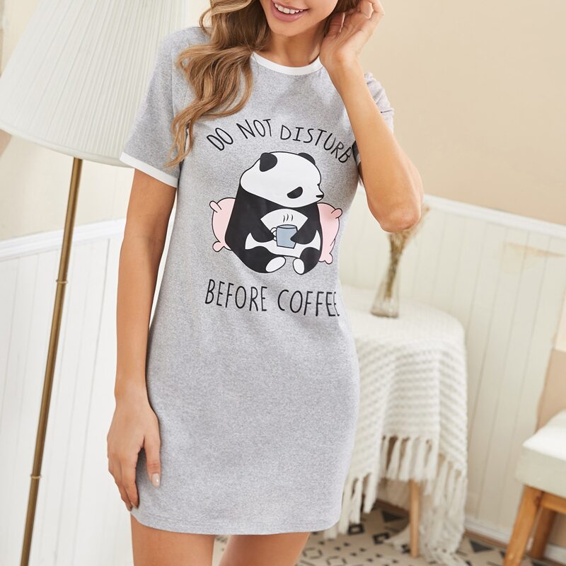 

Slogan & Cartoon Graphic Nightdress, Light grey