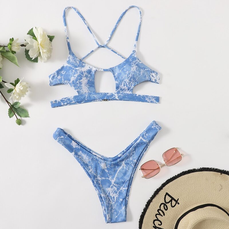 

Marble Print Cut-out High Cut Bikini Swimsuit, Dusty blue
