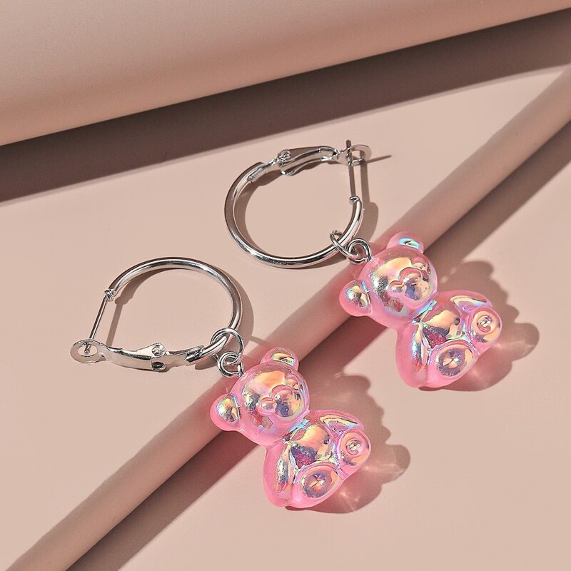 

Holographic Bear Hoop Earrings, Pink