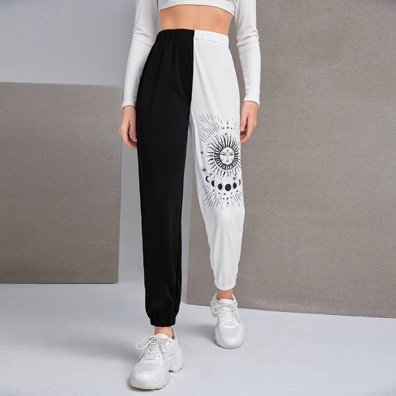 

Two Tone Sun Graphic Sweatpants, Black and white