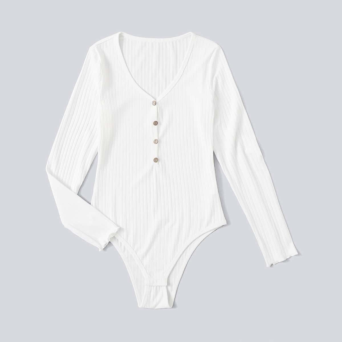 

Solid Button Front Ribbed Bodysuit, White