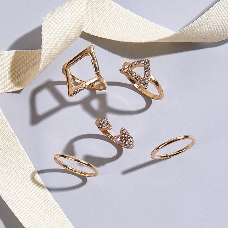

5pcs Rhinestone Geometric Skinny Ring, Gold