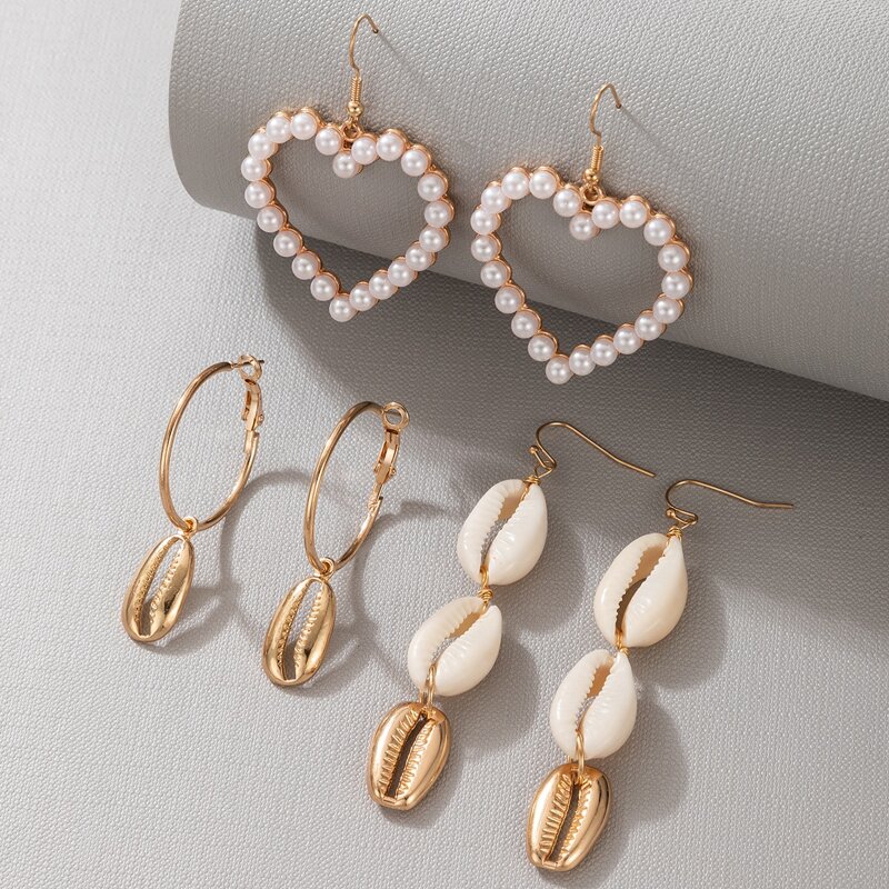

3pairs Shell & Heart Drop Earrings, Gold