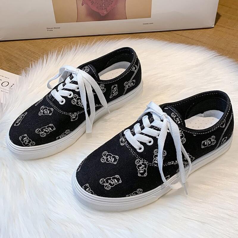 

Cartoon Bear Lace-up Canvas Sneakers, Black