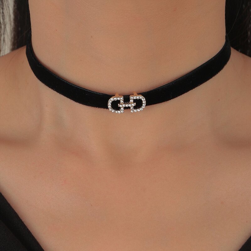 

Rhinestone Letter Decor Choker, Black