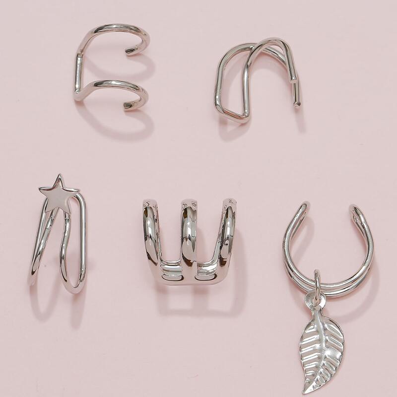 

5pcs Leaf & Star Ear Cuff, Silver