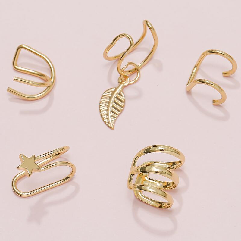 

5pcs Leaf & Star Ear Cuff, Gold
