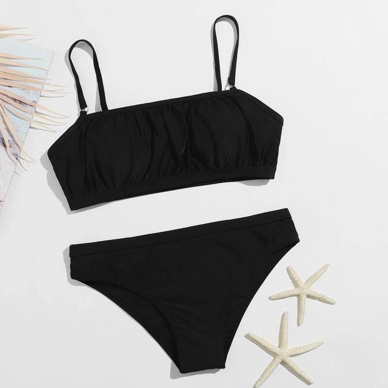 

Solid Ruched Bikini Swimsuit, Black