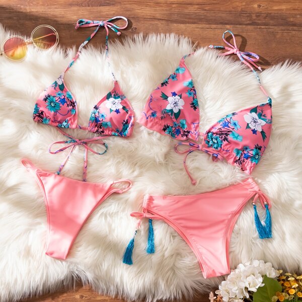 

2pairs Floral Triangle Halter Bikini Swimsuit, Watermelon pink