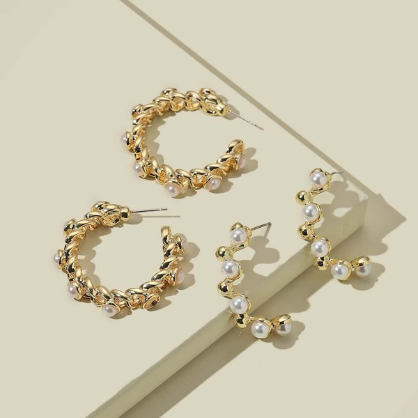 

2pairs Faux Pearl Decor Open Hoop Earrings, Gold
