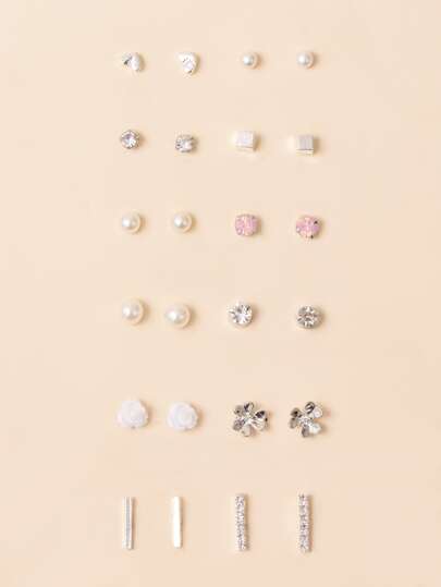 أقراط دبوسية مزينة باللؤلؤ و الراينستون 12 أزواج