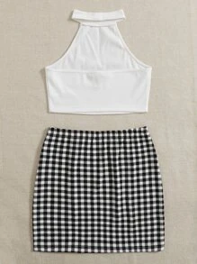 SHEIN Essnce Conjunto top halter corto con falda de guingán - Blanco - Ver 2