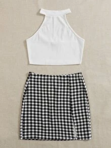 SHEIN Essnce Conjunto top halter corto con falda de guingán - Blanco - Ver 5