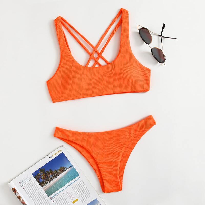 

Solid Criss Cross Bikini Swimsuit, Orange