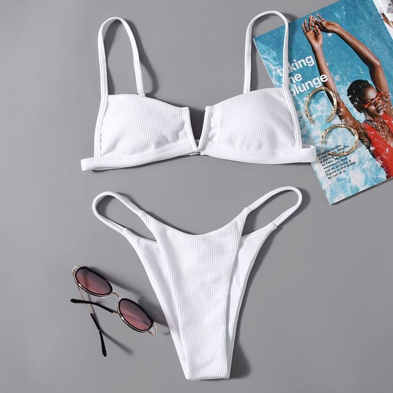 

V Wired Thong Bikini Swimsuit, White