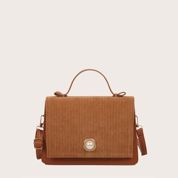 

Faux Pearl Decor Corduroy Satchel Bag, Brown