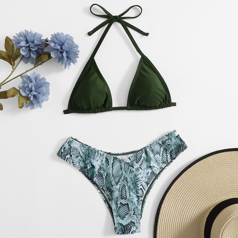 

Snakeskin Print Triangle Bikini Swimsuit, Multicolor