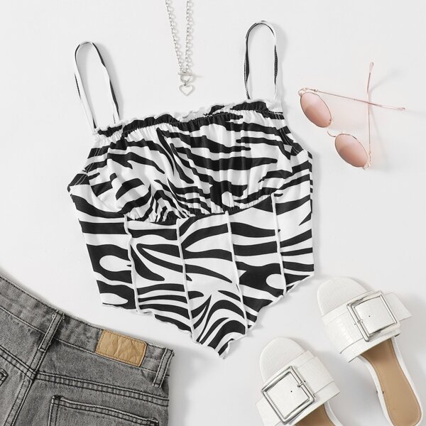 

Zebra Stripe Ruched Bust Cami Top, Black and white