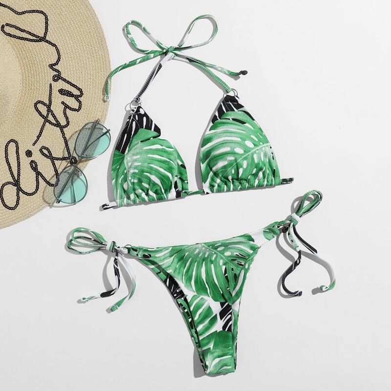 

Tropical Triangle Thong Bikini Swimsuit, Green