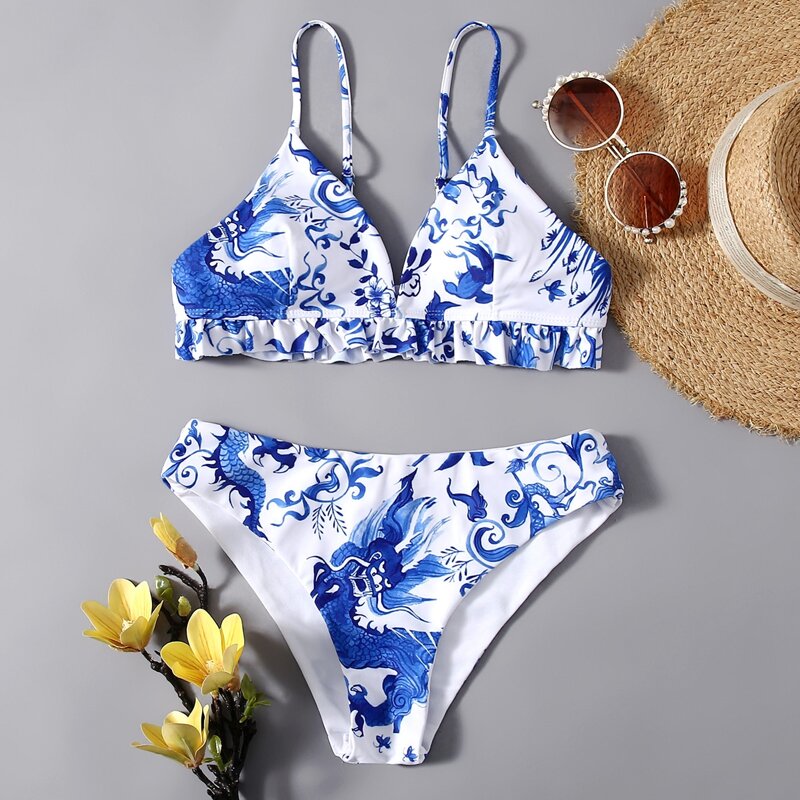 

Chinese Dragon Print Ruffle Hem Bikini Swimsuit, Blue and white