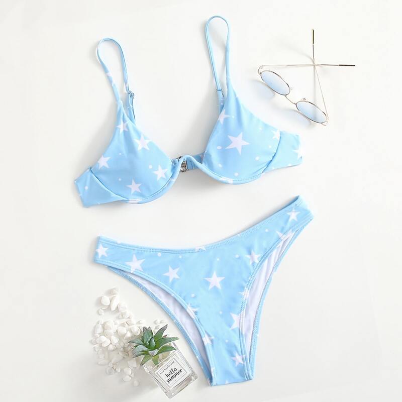 

Star Print Push Up Bikini Swimsuit, Baby blue