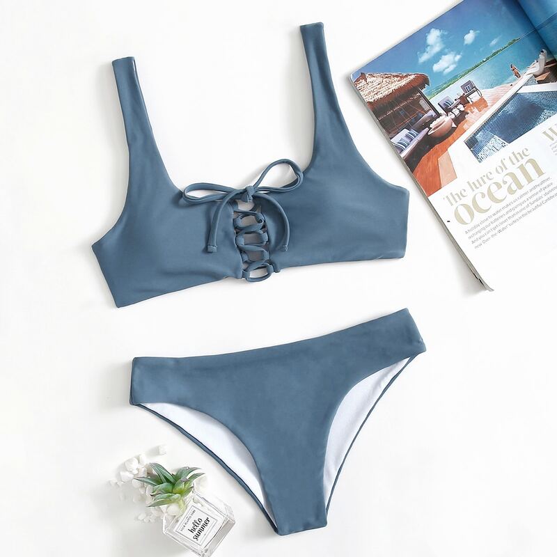 

Solid Lace Up Bikini Swimsuit, Dusty blue