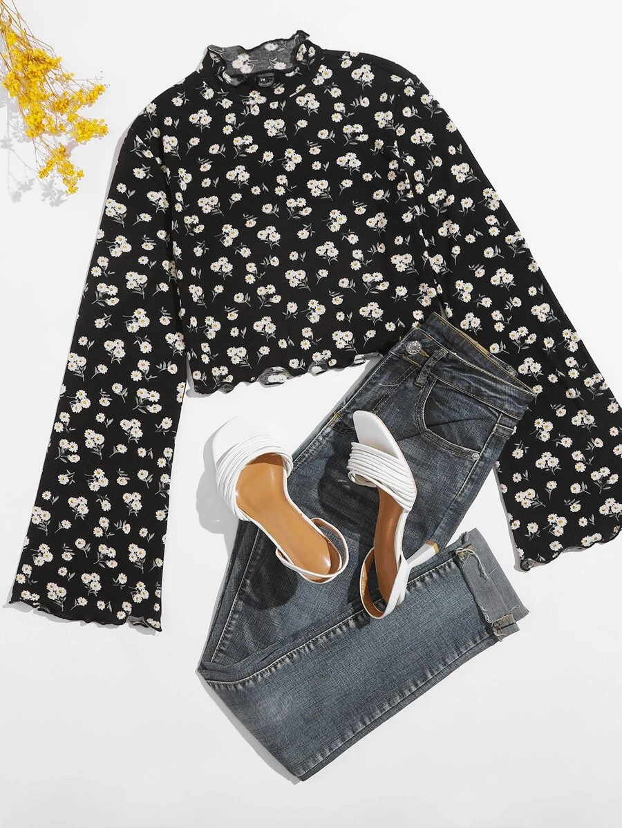 SHEIN MOD 木耳邊雛菊印花T恤 - 黑色 - 查看 1