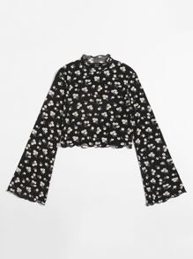 SHEIN MOD 木耳邊雛菊印花T恤 - 黑色 - 查看 3