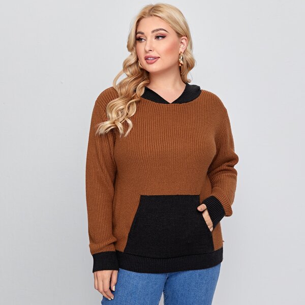 

Plus Color Block Kangaroo Pocket Hooded Sweater, Brown