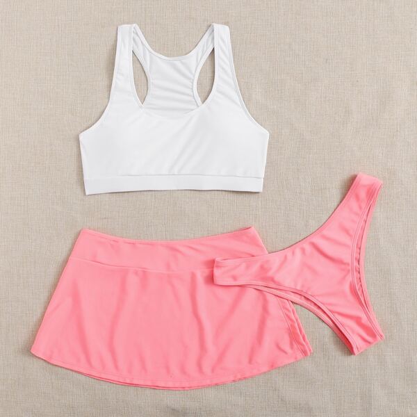 

3pack Two Tone Co-ord Bikini Swimsuit & Skirt, Pink