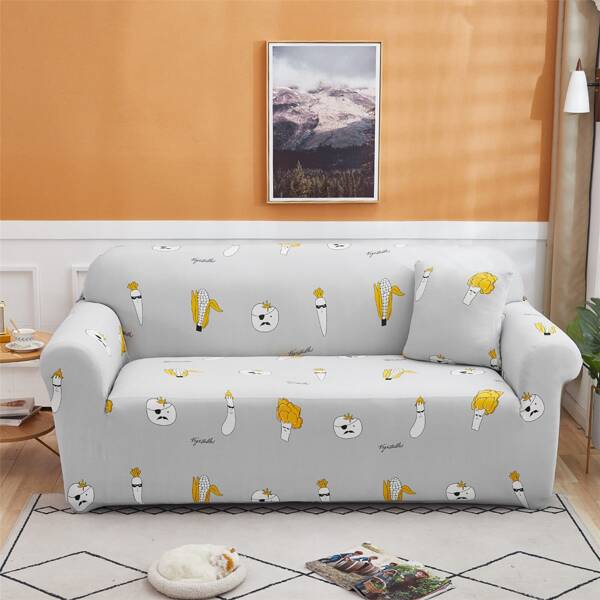 

Vegetables Print Stretchy Sofa Cover & 1pc Cushion Cover, Grey