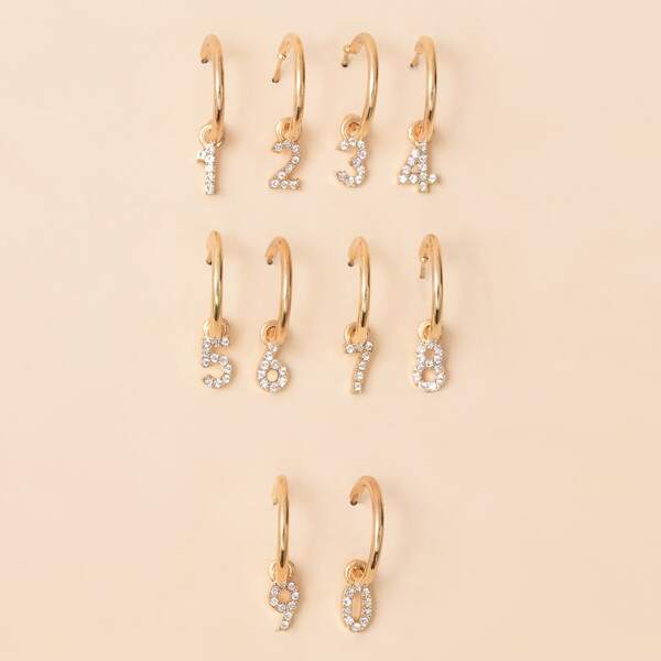 

5pairs Rhinestone Decor Number Charm Drop Earrings, Gold
